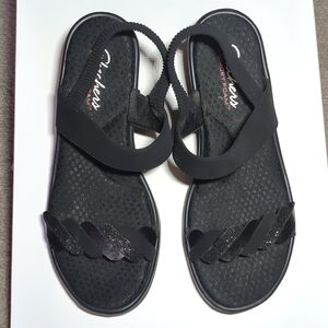 Skechers Black Strappy Wedge Sandals with Glittery Criss-cross Toe-Strap